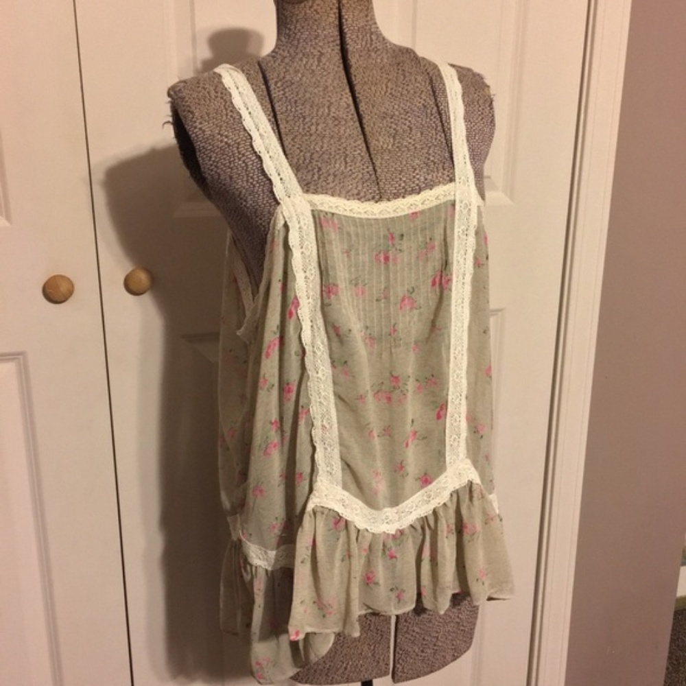 Free People Sheer Beige Floral Loose Fit Tank